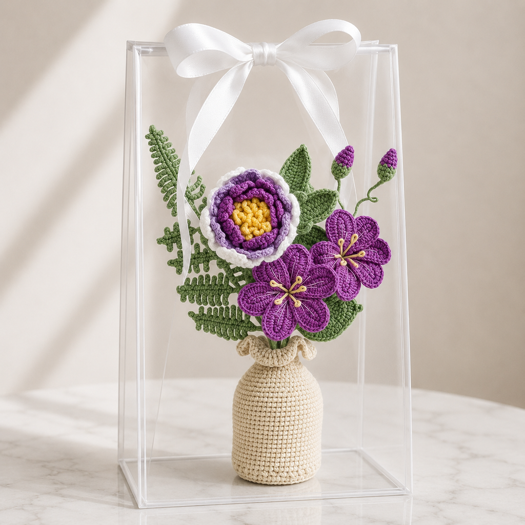 Handmade Crochet Purple Wildflower Vase Arrangement