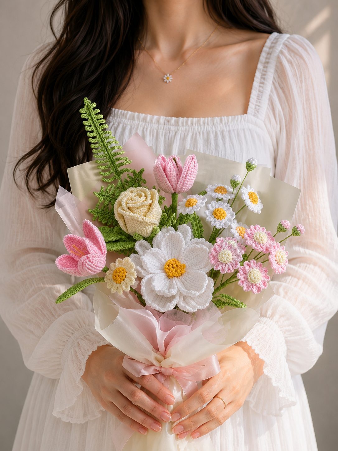 Handmade Crochet Spring Bouquet – Daisy, Tulip & Rose Forever Flowers