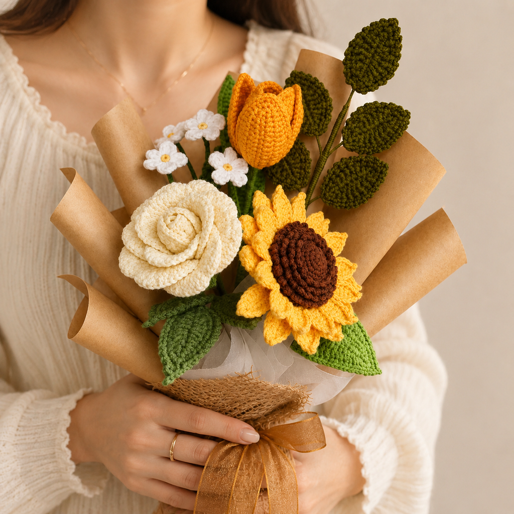 Handmade Sunflower & Tulip Crochet Bouquet