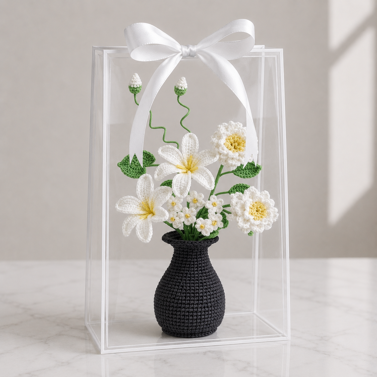 Handmade Crochet White Lily & Peony Vase Arrangement