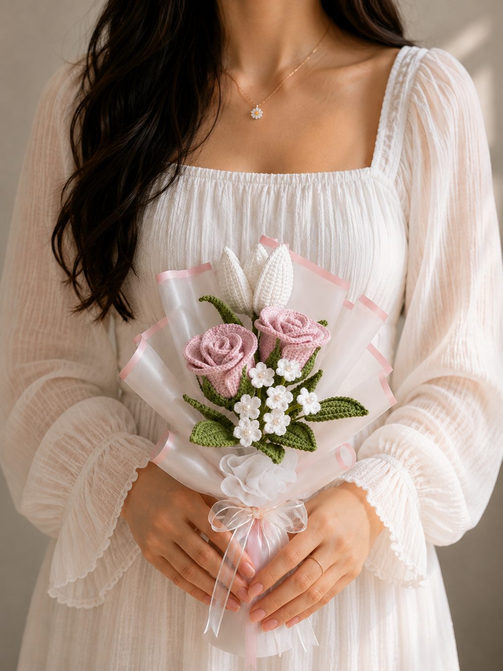 Handmade Pink Rose Crochet Flower Bouquet