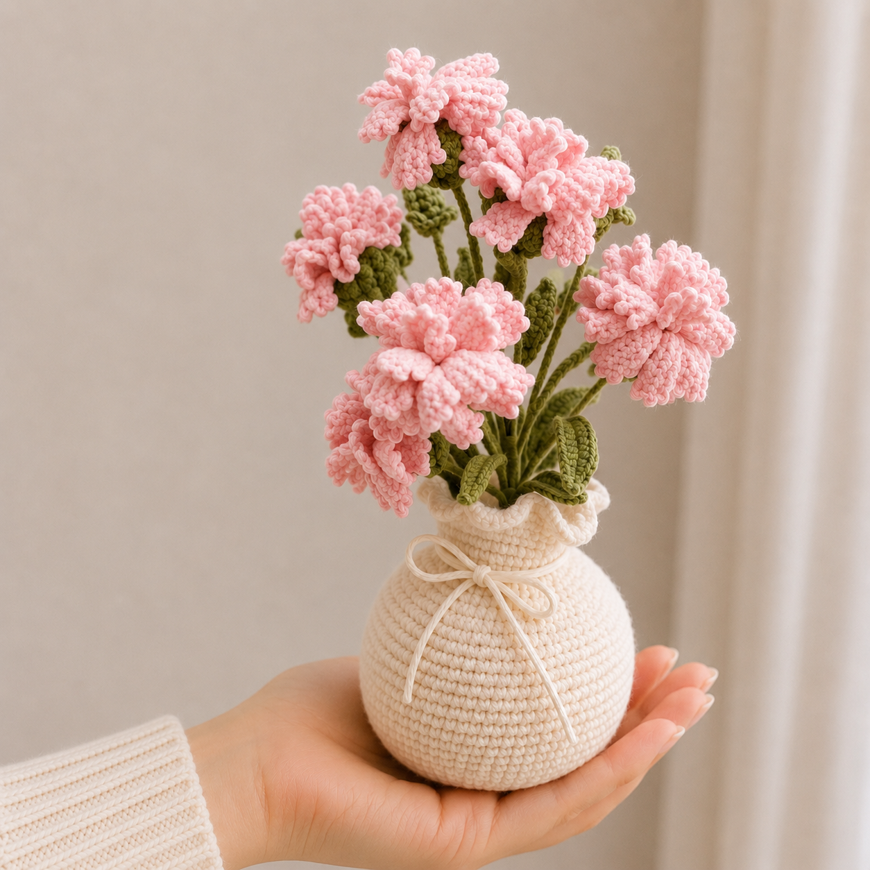 Handmade Crochet Pink Carnation Vase Arrangement