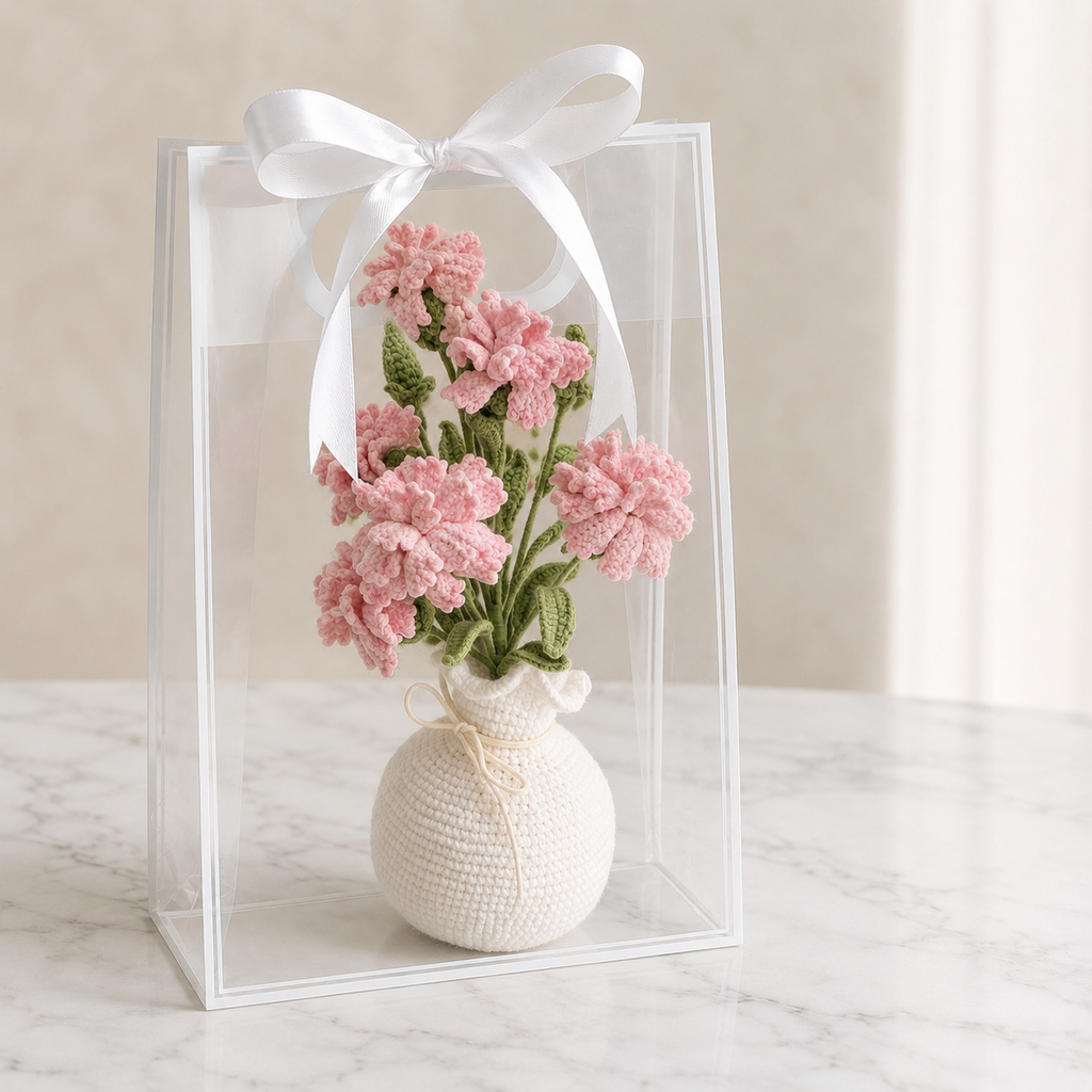 Handmade Crochet Pink Carnation Vase Arrangement