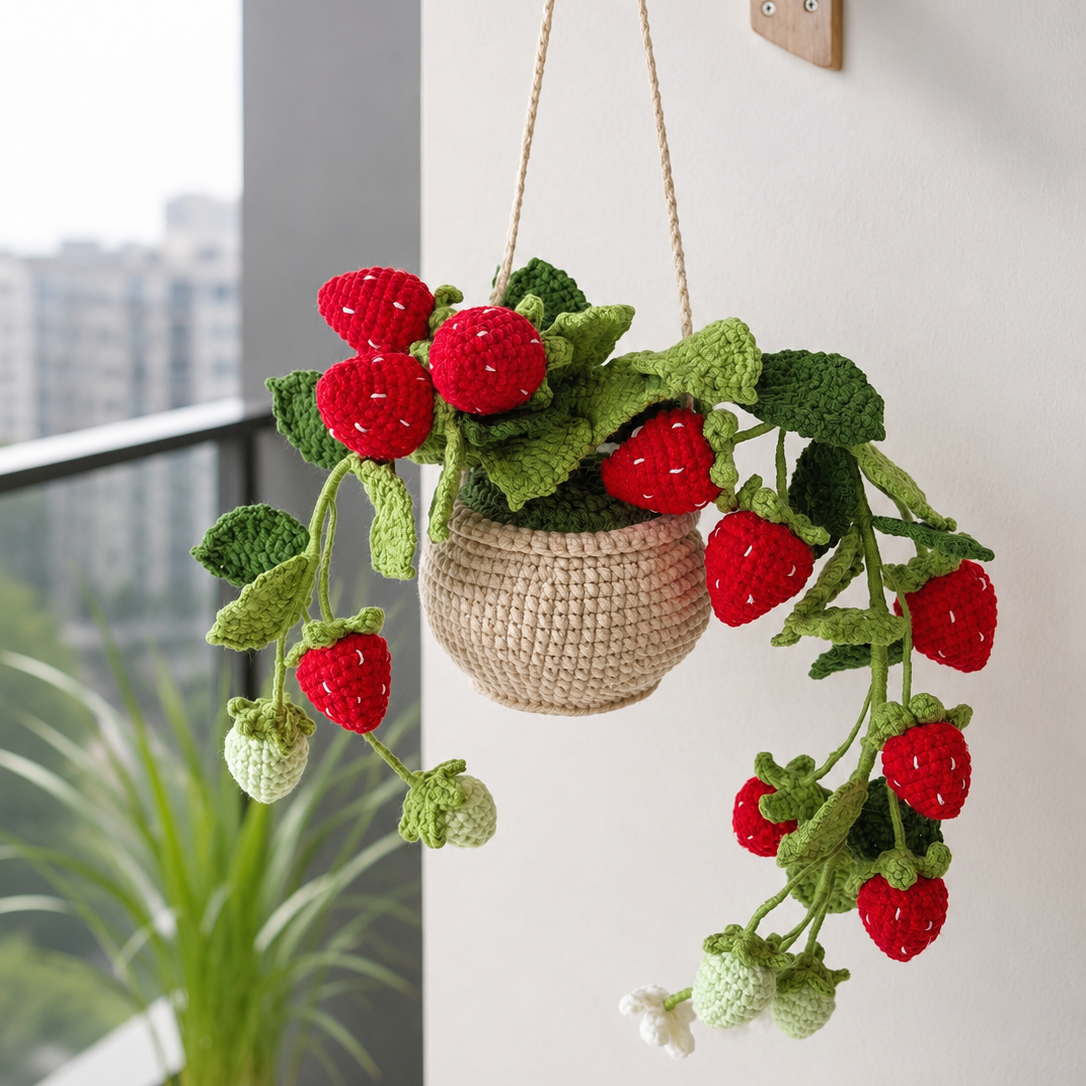 Handmade Crochet Hanging Strawberry Plant – Cute Cottagecore Home Decor & Housewarming Gift