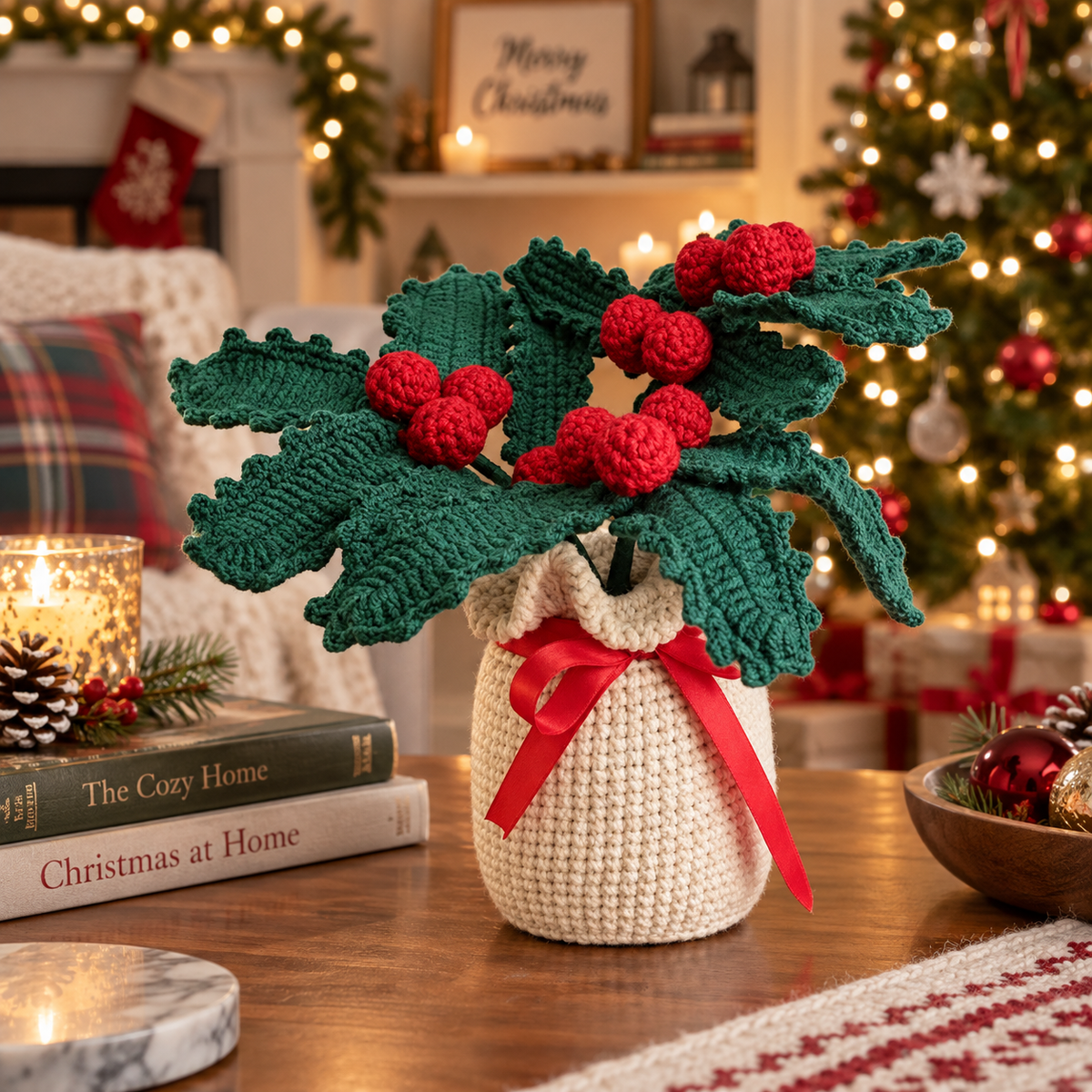 Crocheted potted holly plant decor with green leaves, red berries, and red bow on cream pot