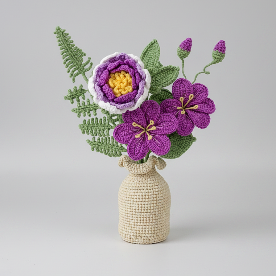 Handmade Crochet Purple Wildflower Vase Arrangement