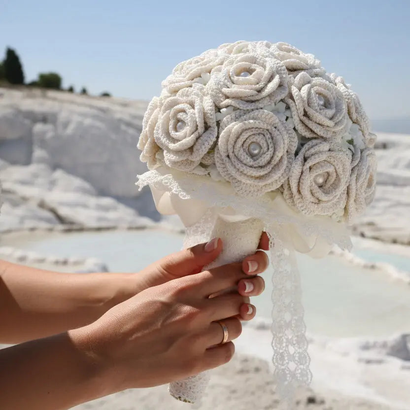 Forever Blooms – Handcrafted Crochet White Rose Wedding Bouquet