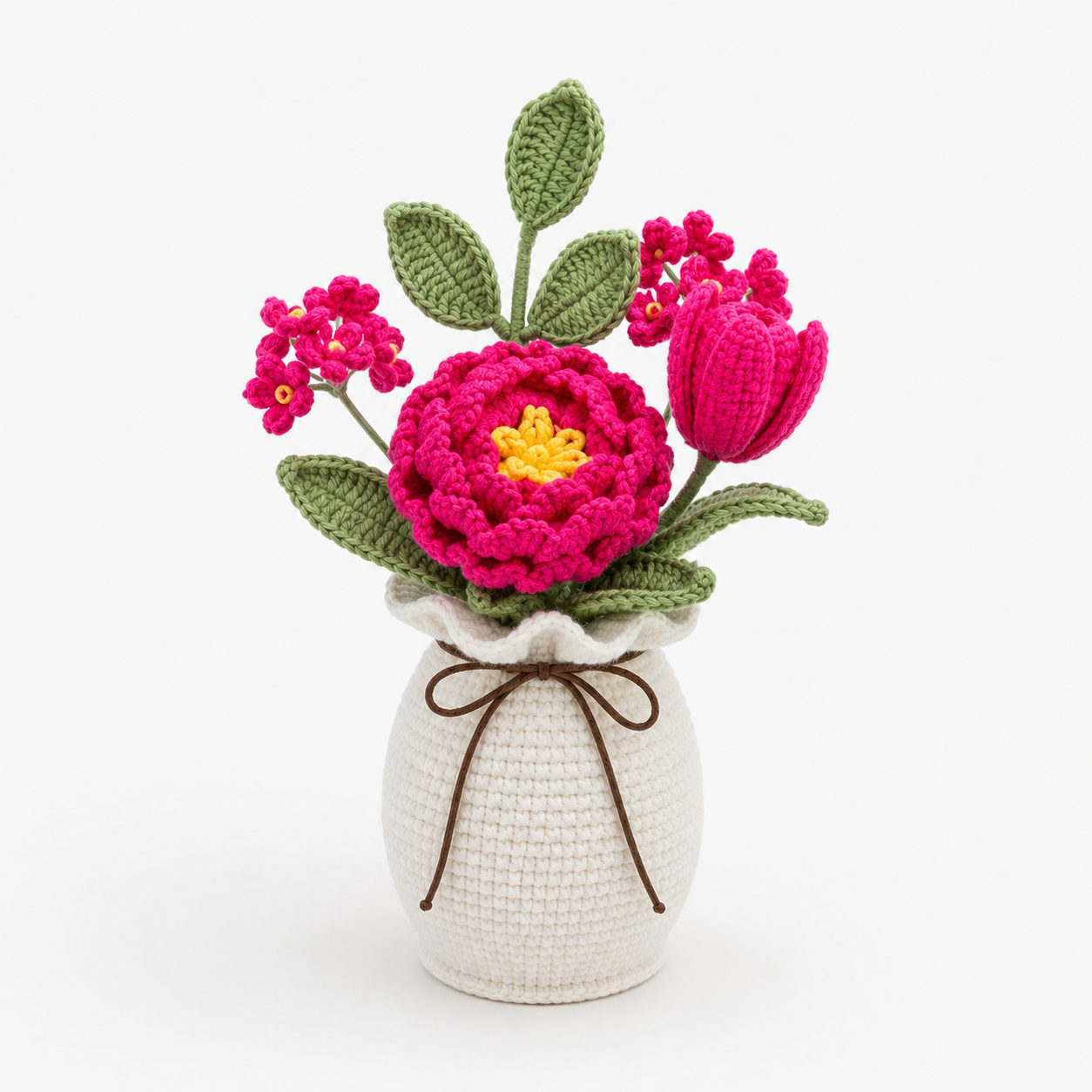 Handmade Crochet Pink Peony & Tulip Vase Arrangement