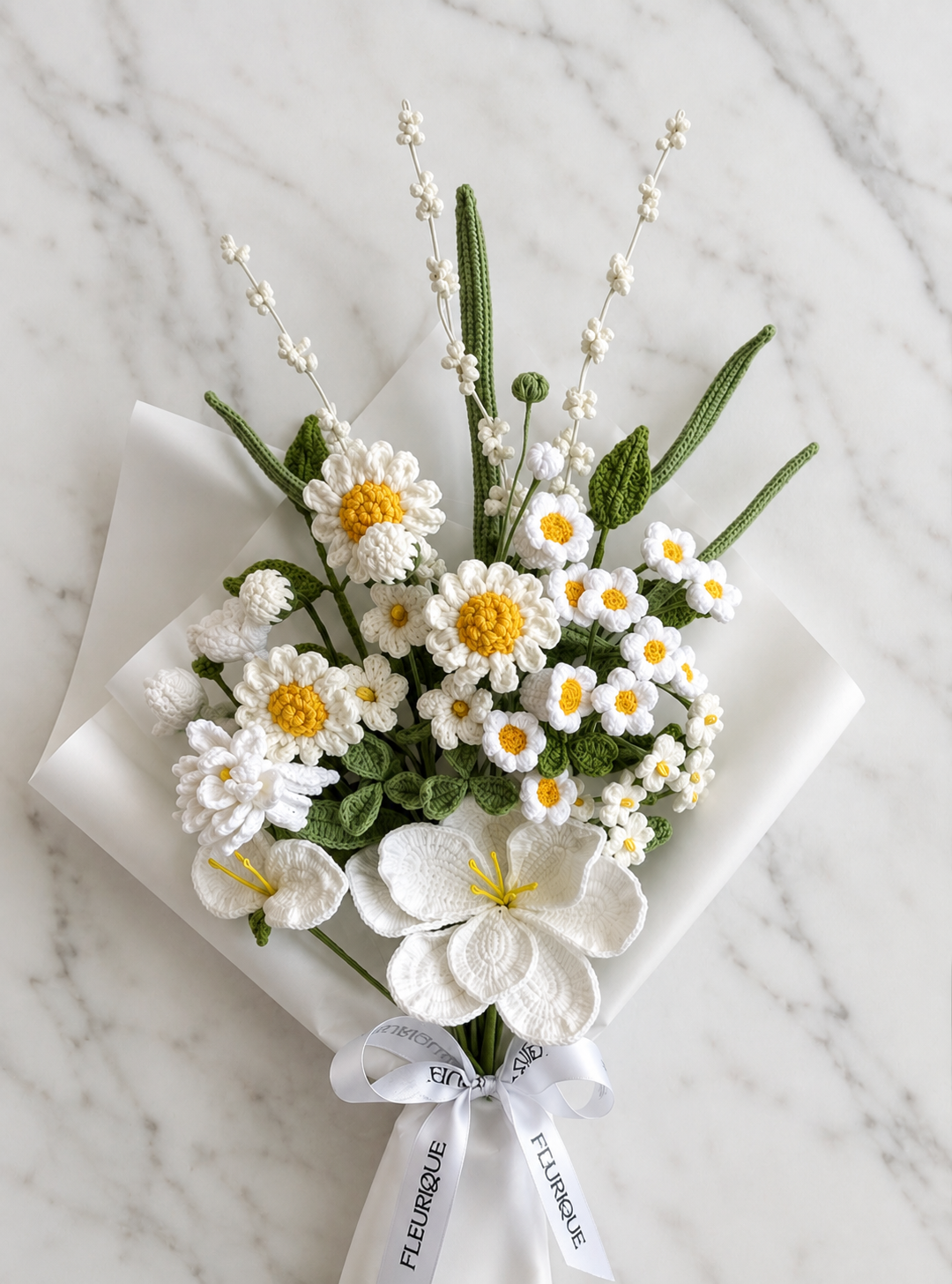 Handmade Crochet White Daisy & Lily Bouquet – Forever Flowers Gift