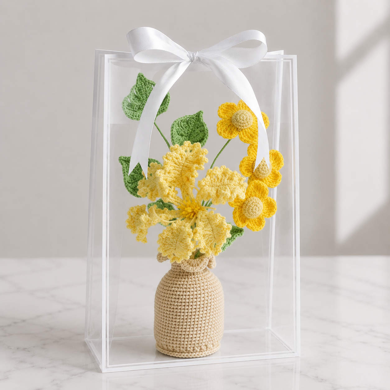 Handmade Crochet Yellow Daisy & Ruffled Bloom Vase Arrangement