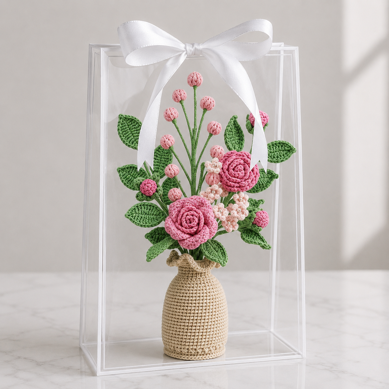 Handmade Crochet Pink Rose & Berry Vase Arrangement