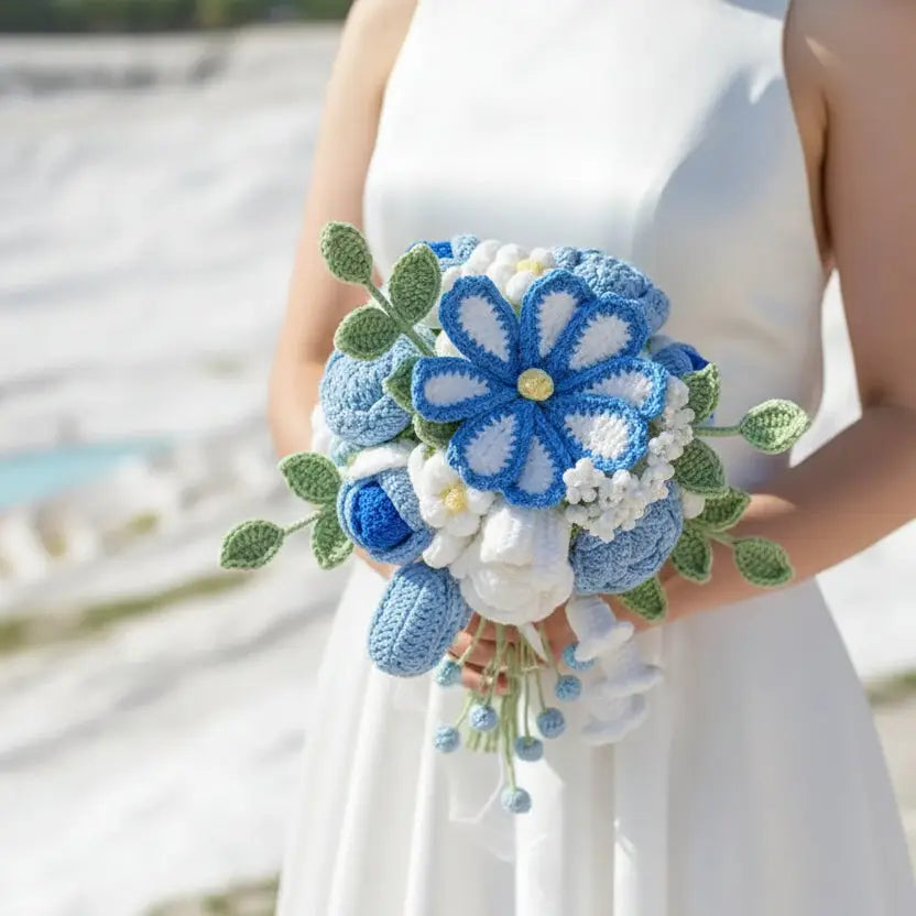 Forever Blooms – Handcrafted Blue-White Crochet Wedding Bouquet Joy Blooms London