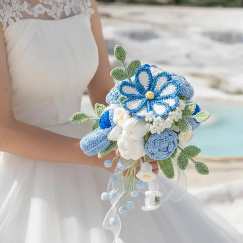 Forever Blooms – Handcrafted Blue-White Crochet Wedding Bouquet Joy Blooms London