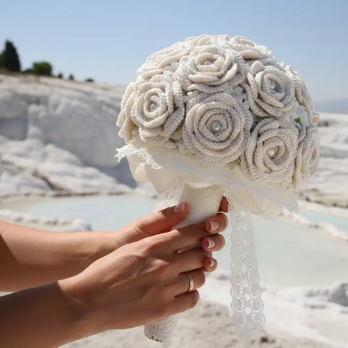 Forever Blooms – Handcrafted Crochet White Rose Wedding Bouquet Joy Blooms London
