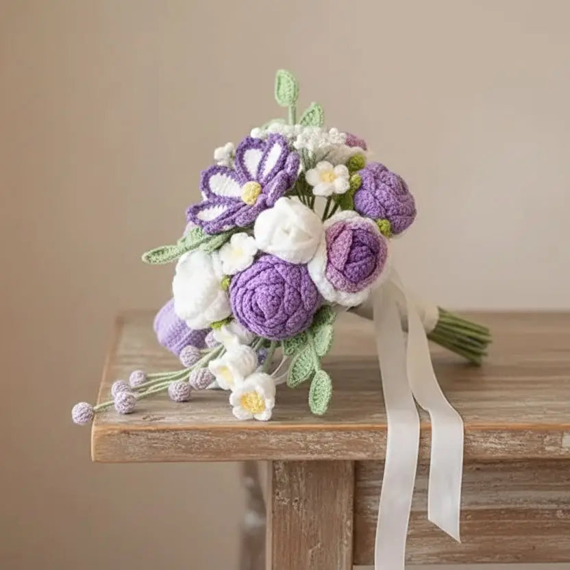 Forever Blooms – Handcrafted Purple-White Crochet Wedding Bouquet Joy Blooms London