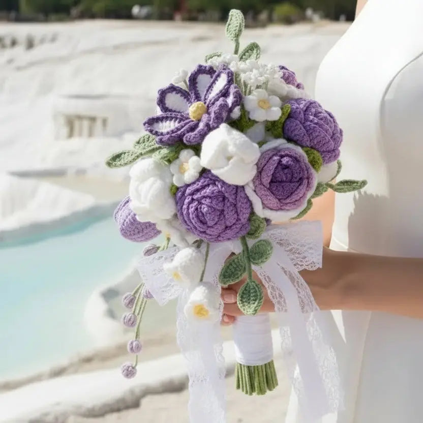 Forever Blooms – Handcrafted Purple-White Crochet Wedding Bouquet Joy Blooms London