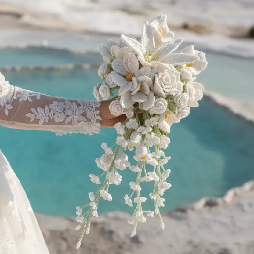Forever Blooms – Handcrafted White Crochet Wedding Bouquet Joy Blooms London