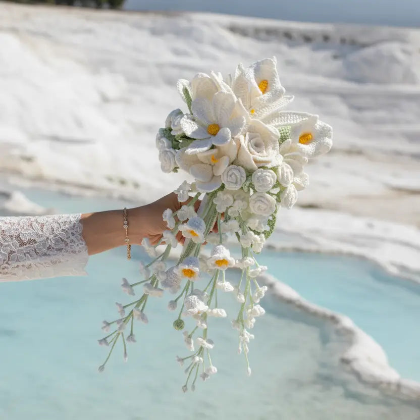 Forever Blooms – Handcrafted White Crochet Wedding Bouquet Joy Blooms London