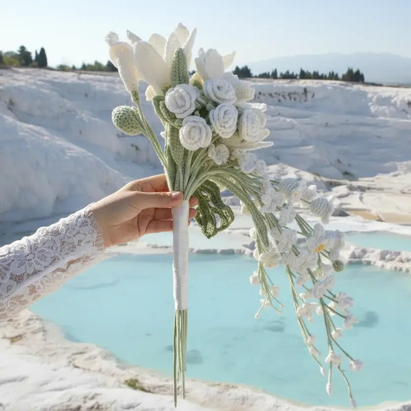 Forever Blooms – Handcrafted White Crochet Wedding Bouquet Joy Blooms London