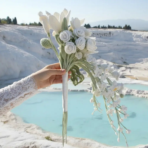 Forever Blooms – Handcrafted White Crochet Wedding Bouquet Joy Blooms London