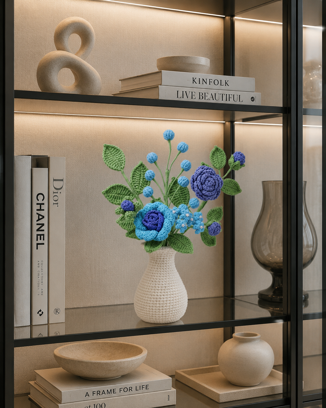 Handmade Crochet Blue Rose & Forget-Me-Not Vase Arrangement Joy Blooms London