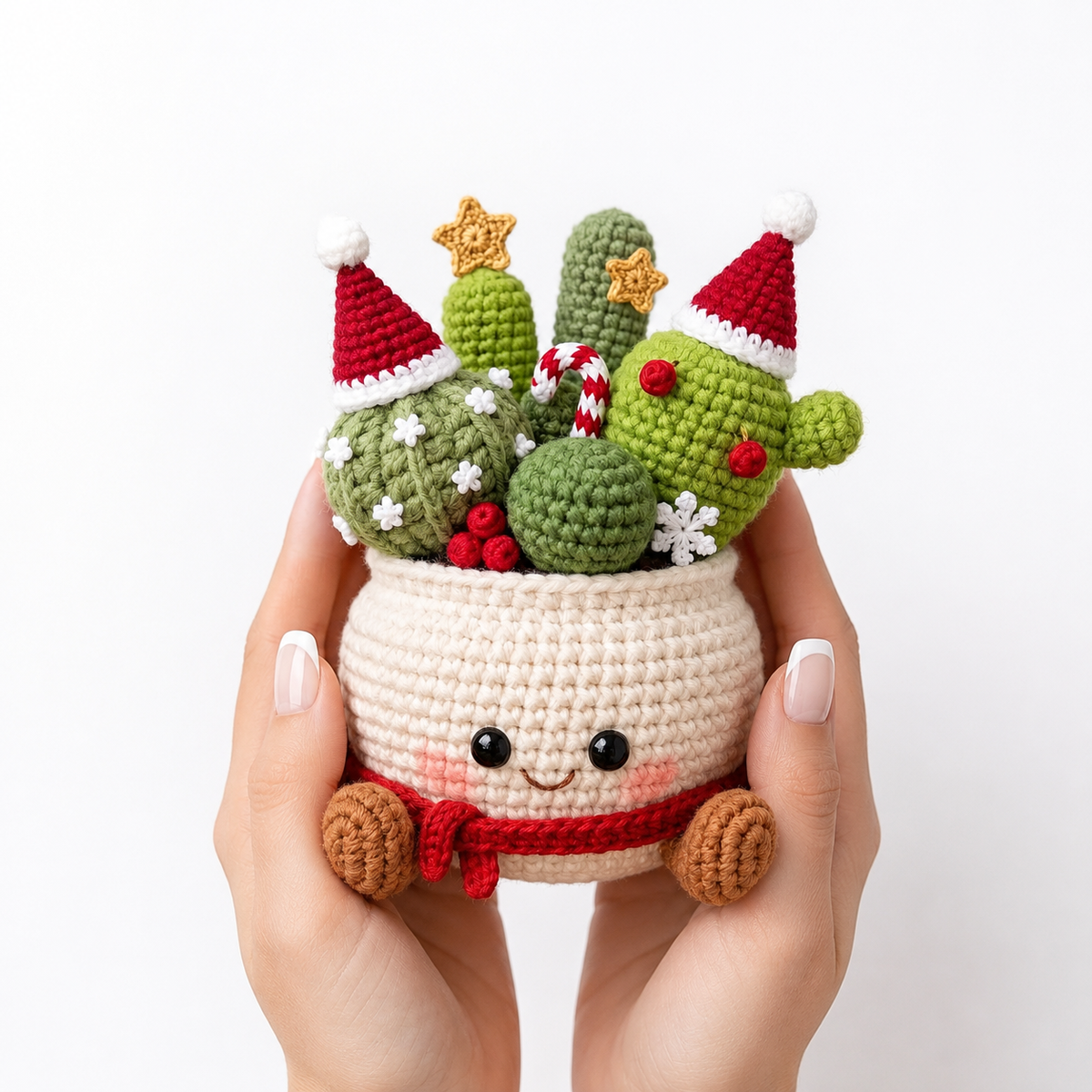 Crocheted cactus amigurumi in cream planter with smiling face, held in hands
