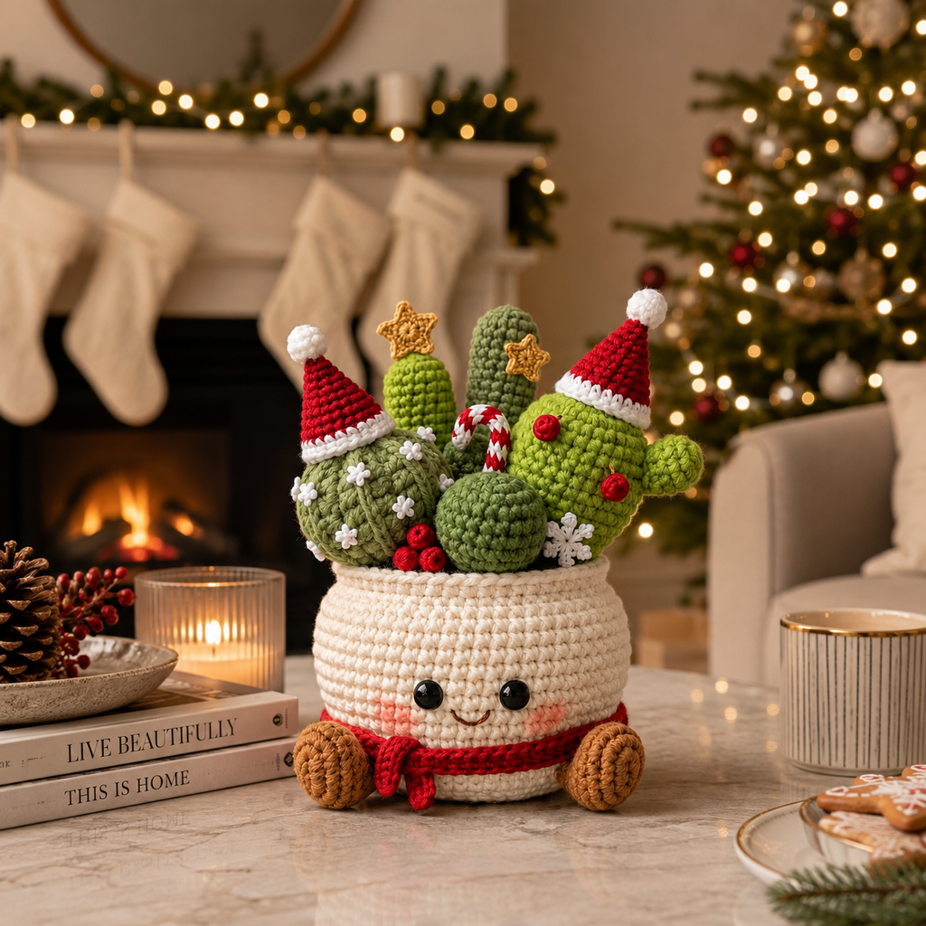 Crocheted Christmas cactus amigurumi in cream pot with smiling face and red bow scarf