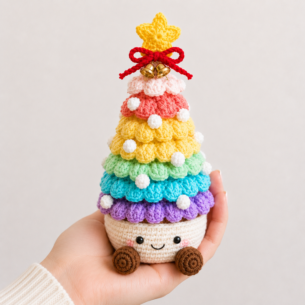 Crochet Christmas tree ornament with rainbow layered yarn and smiling cream pot base, star topper