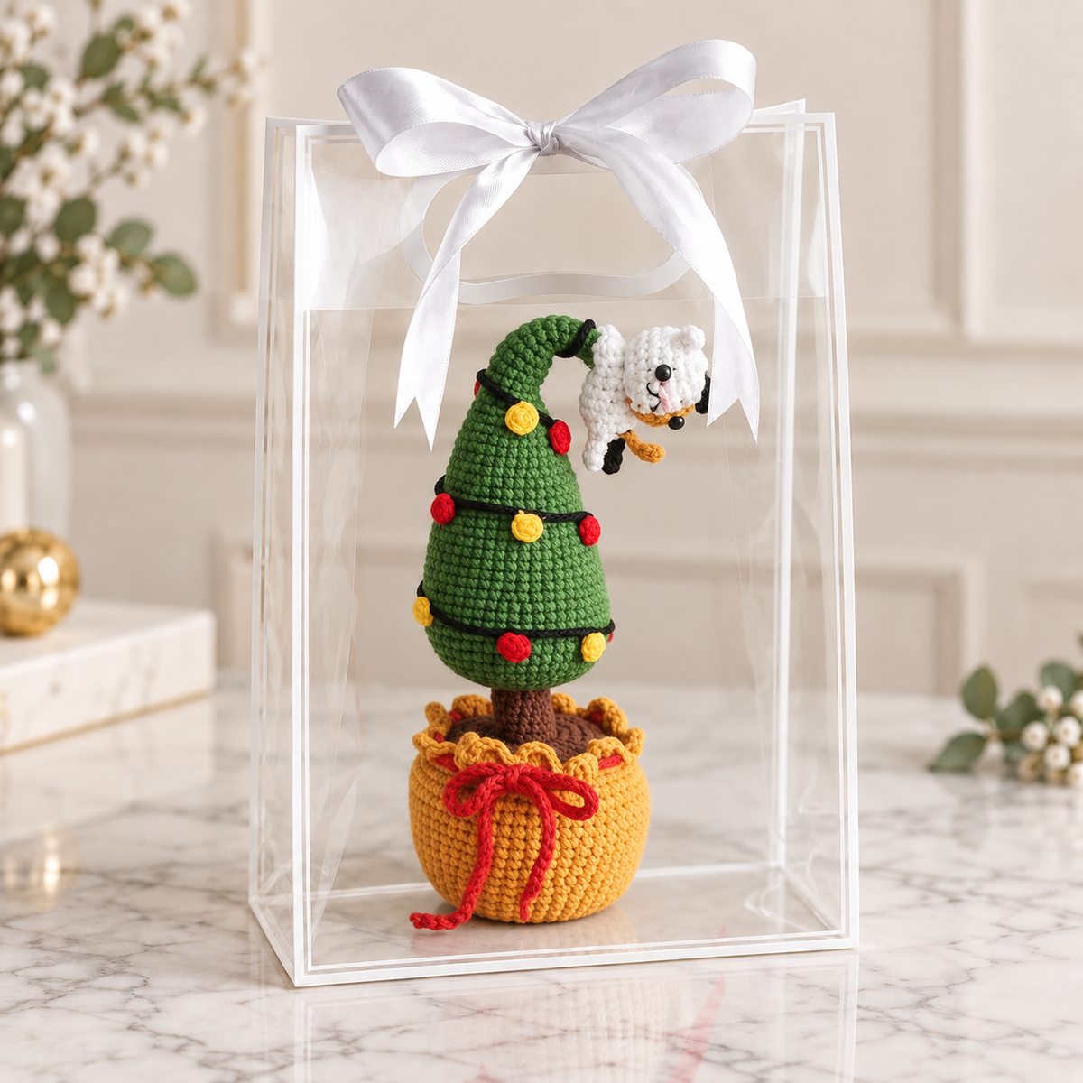 Crochet Christmas tree amigurumi with cat topper, green tree, orange pot, clear box
