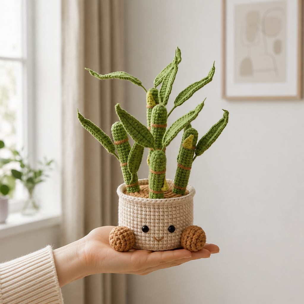 Crochet plant with green cacti stems in beige pot with button eyes and side knobs