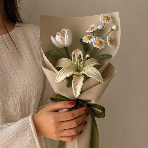 Handmade Crochet Daisy, Tulip & Lily Bouquet – Forever Flower Gift Joy Blooms London