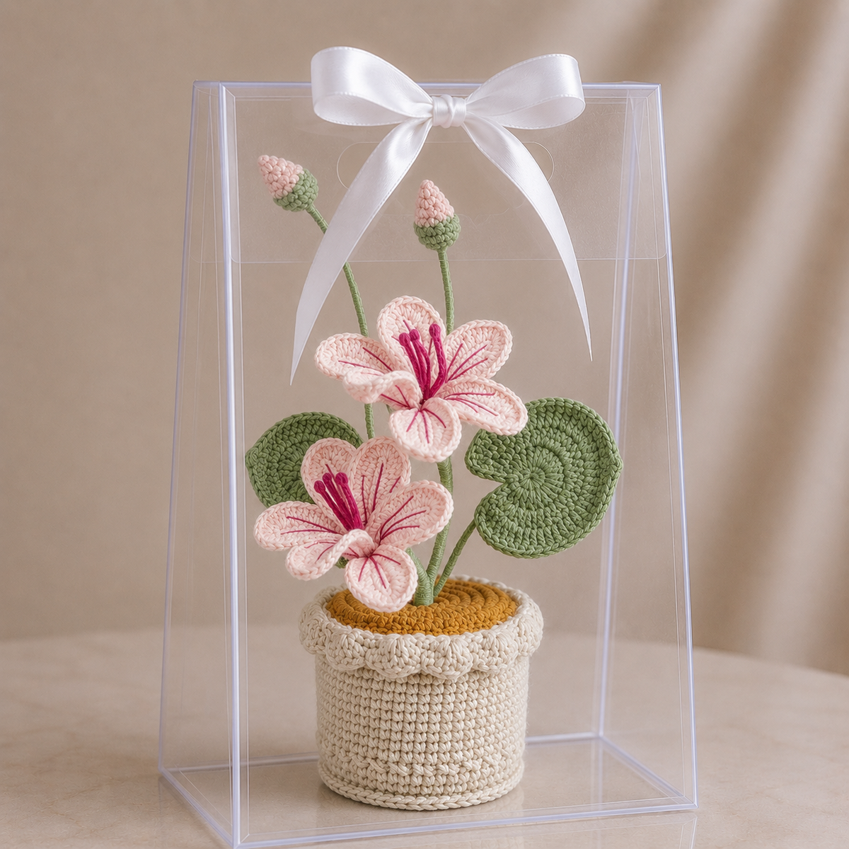 Crochet flower bouquet in beige knitted pot behind clear gift box, pink and green blooms
