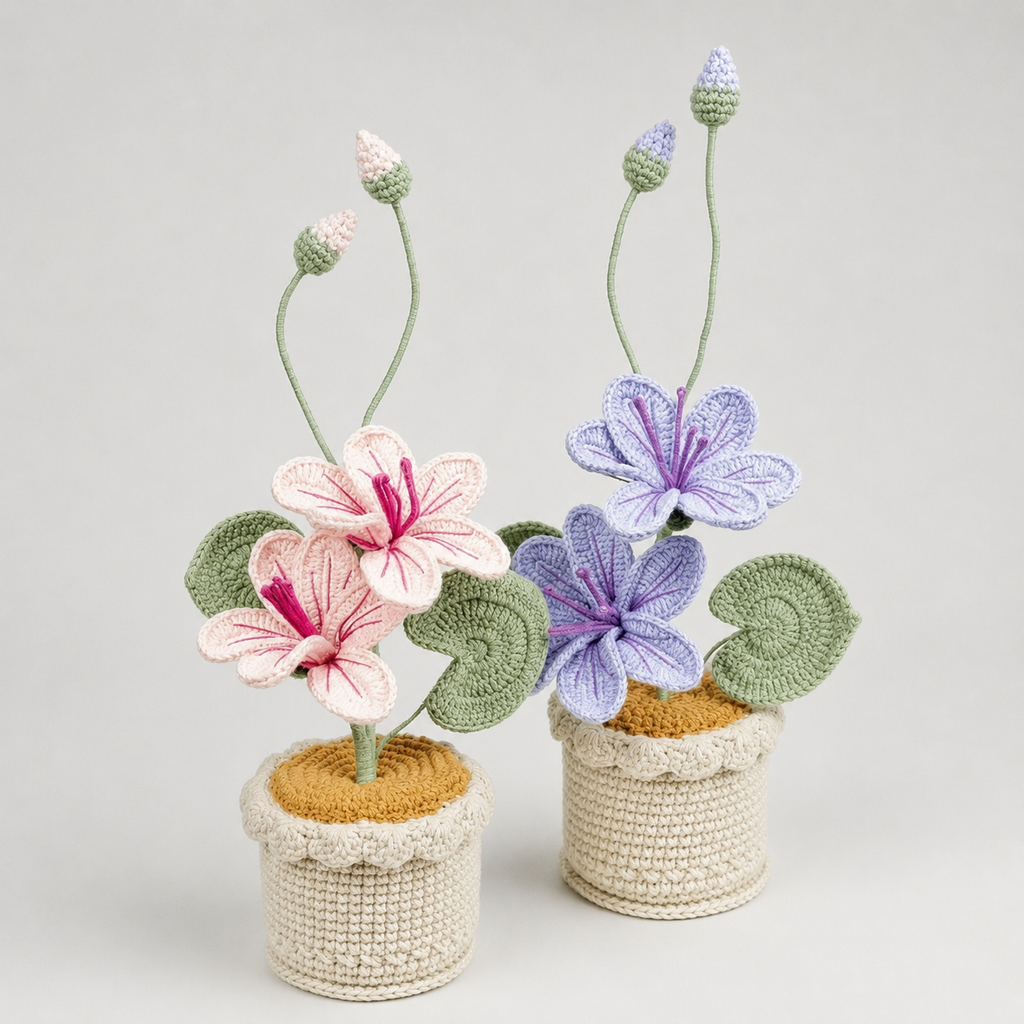 Crocheted pink and white flower bouquet with green leaves in beige knitted pot