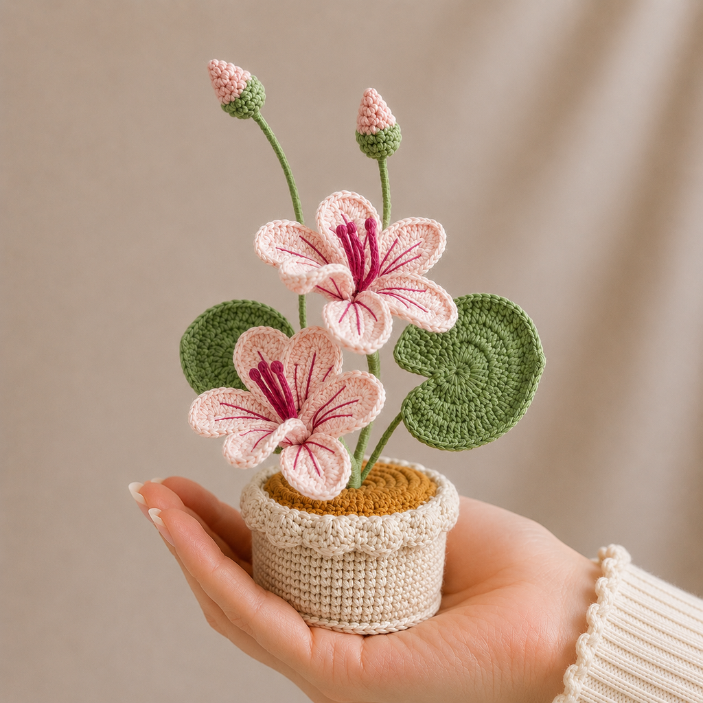 Hand holding crocheted pink and white flower bouquet in beige pot with green leaves