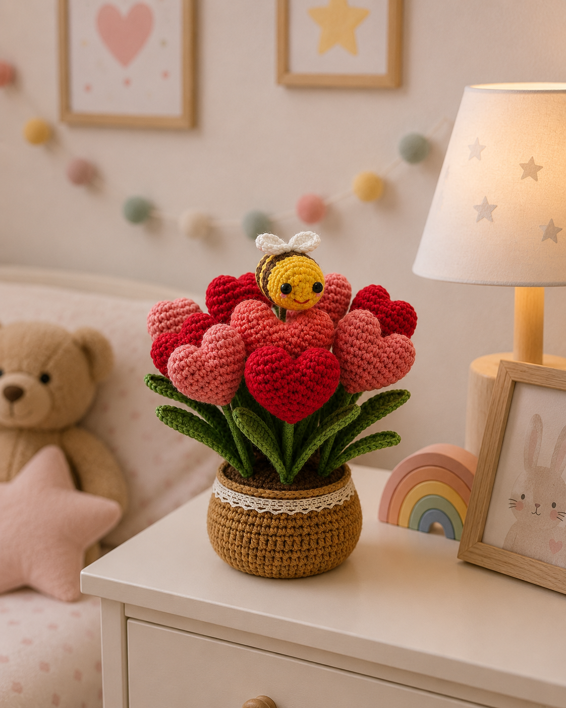 Crochet heart flower pot decor with bee and red heart blooms on green leaves