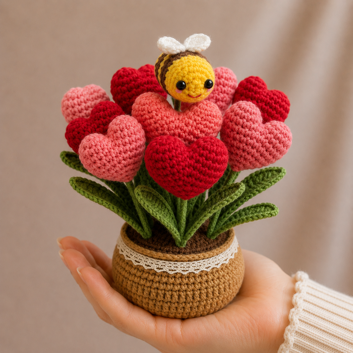 Crochet flower pot decor with red and pink heart blossoms, green leaves, and small bee