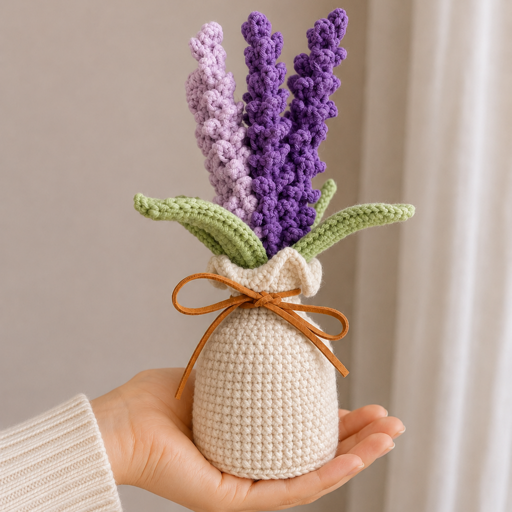 Handmade crocheted lavender plant in cream pot with green leaves and brown ribbon bow