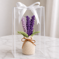 Crocheted lavender plant in cream pot, green leaves, displayed in clear gift box with white bow