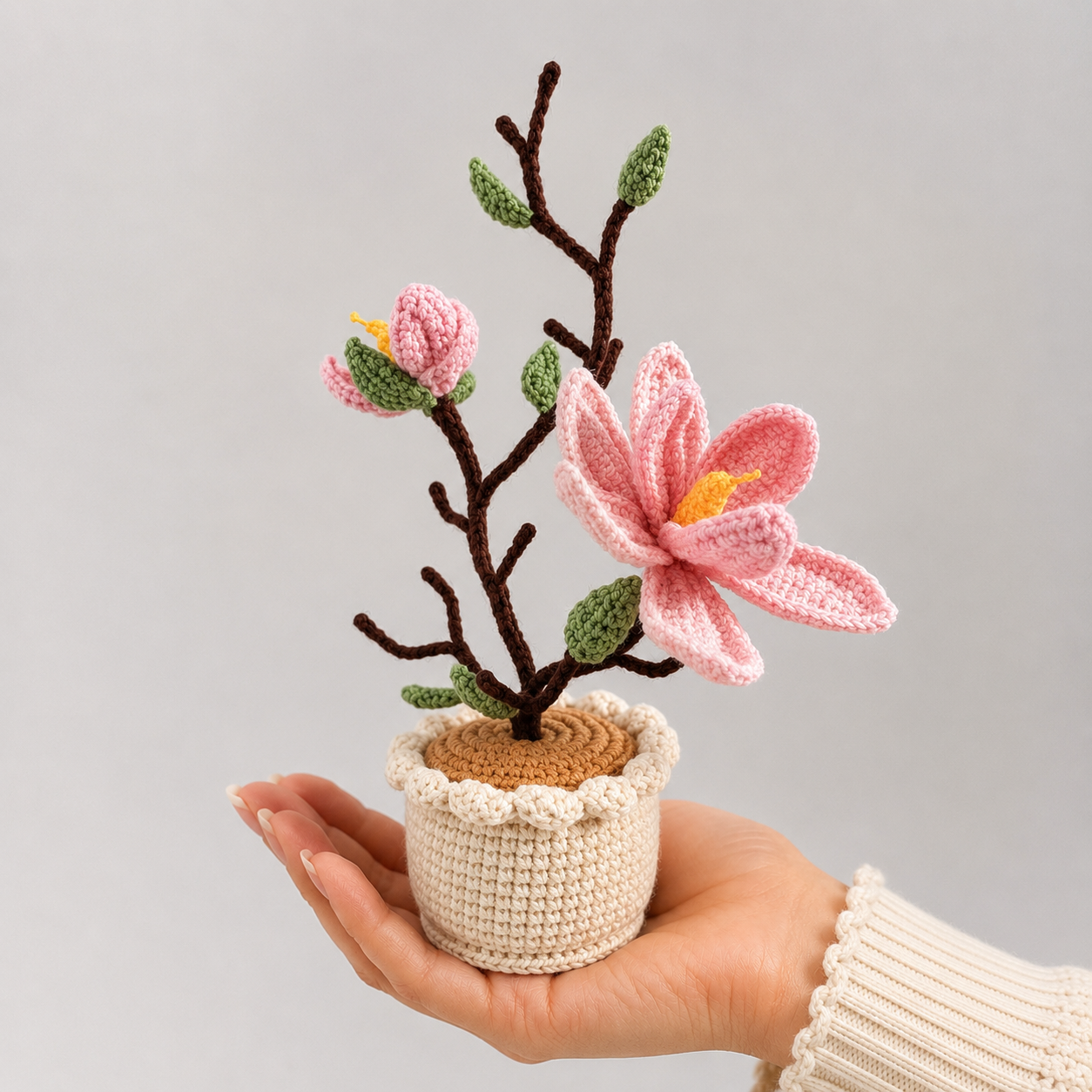 Handmade Crochet Magnolia Potted Plant Joy Blooms London