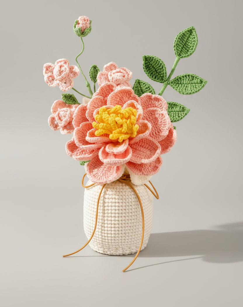 Handmade Crochet Peach Peony & Rose Vase Arrangement Joy Blooms London