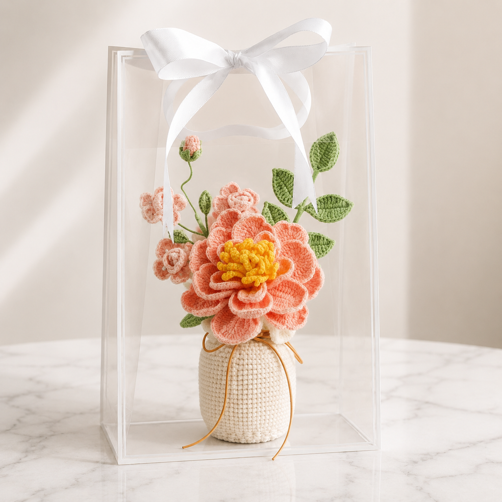 Handmade Crochet Peach Peony & Rose Vase Arrangement Joy Blooms London