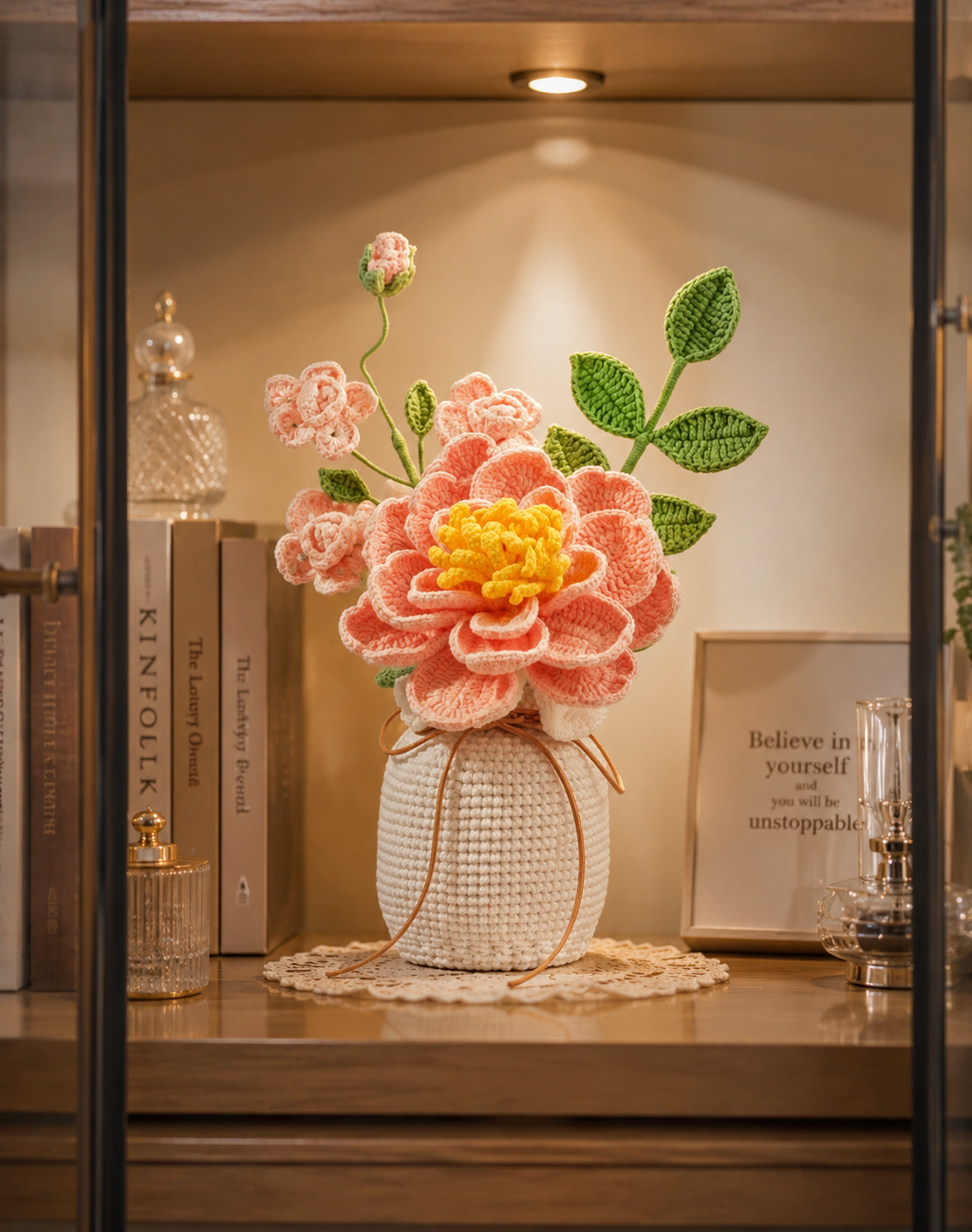 Handmade Crochet Peach Peony & Rose Vase Arrangement Joy Blooms London