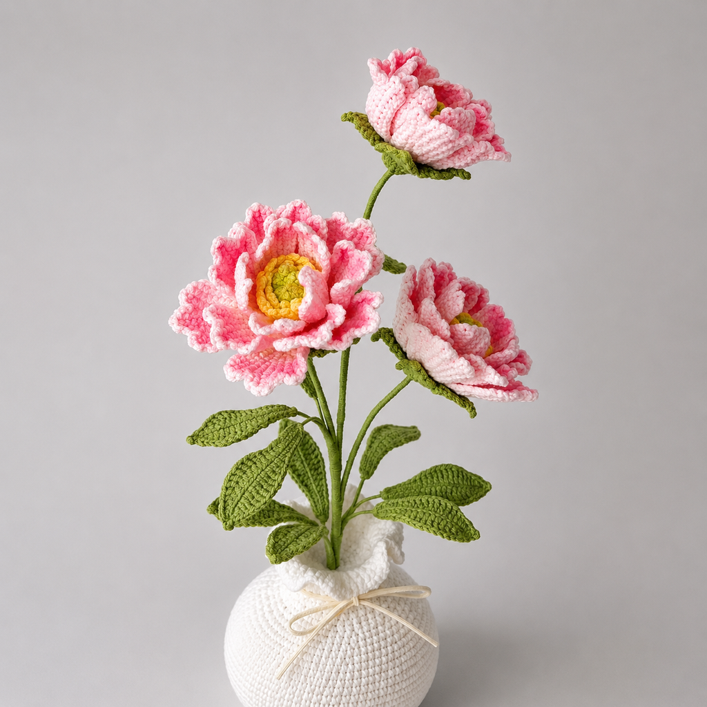 Handmade Crochet Peony Vase Plant Joy Blooms London