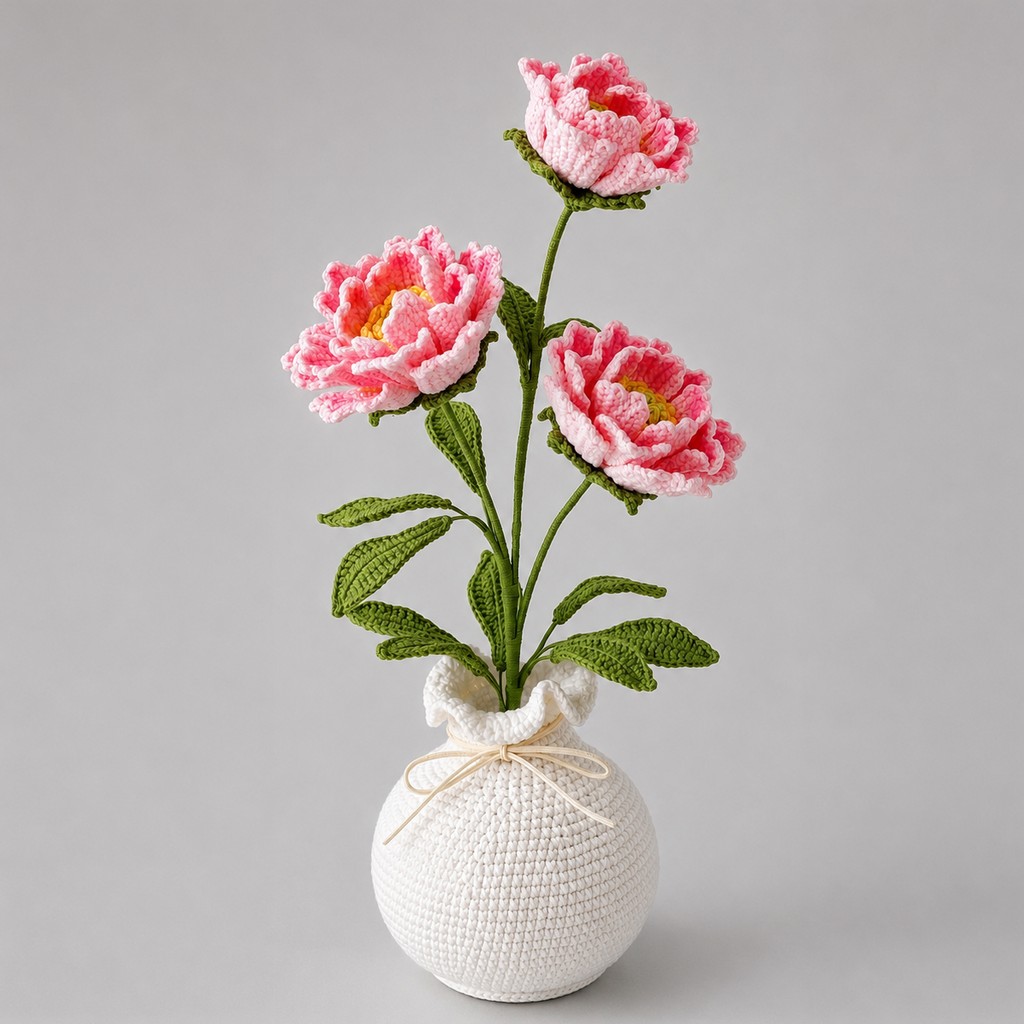 Handmade Crochet Peony Vase Plant Joy Blooms London