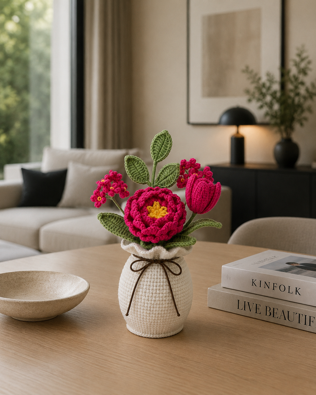 Handmade Crochet Pink Peony & Tulip Vase Arrangement Joy Blooms London
