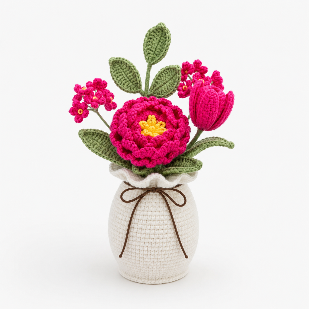 Handmade Crochet Pink Peony & Tulip Vase Arrangement Joy Blooms London