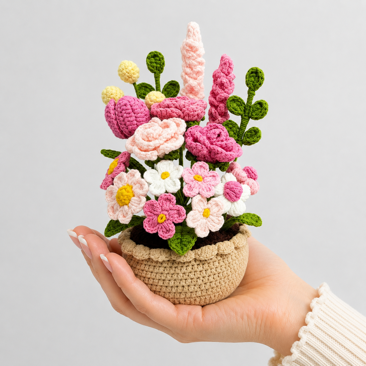 Handmade Crochet Pink Wildflower Garden Pot – Amigurumi Flower Arrangement Joy Blooms London