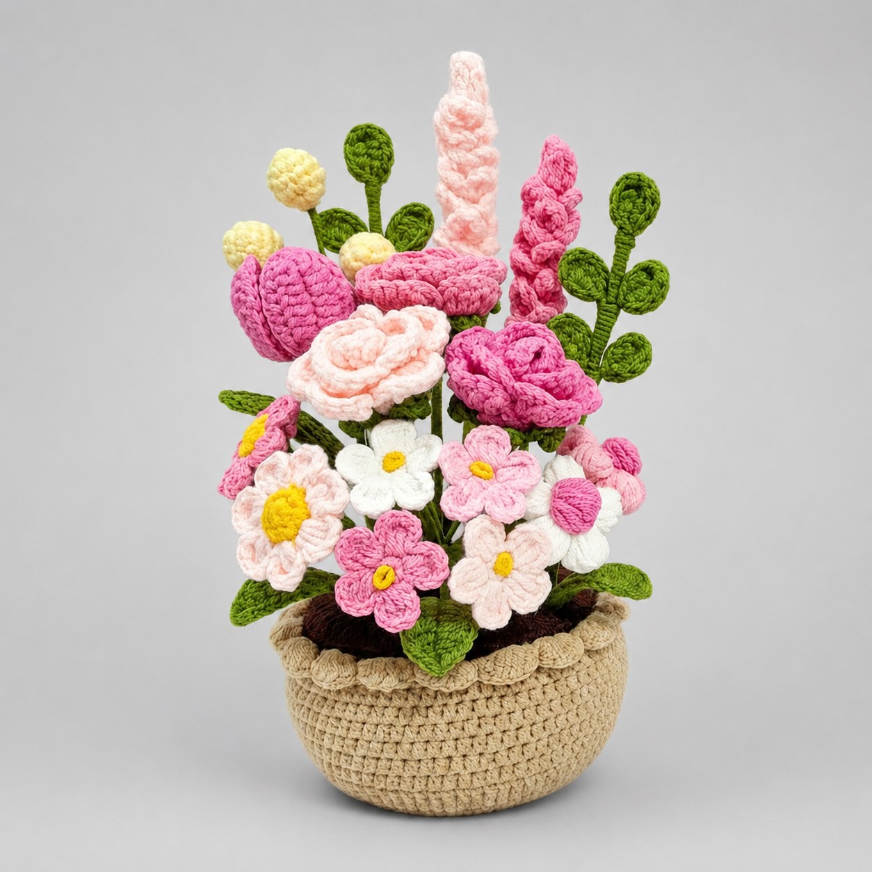 Handmade Crochet Pink Wildflower Garden Pot – Amigurumi Flower Arrangement Joy Blooms London