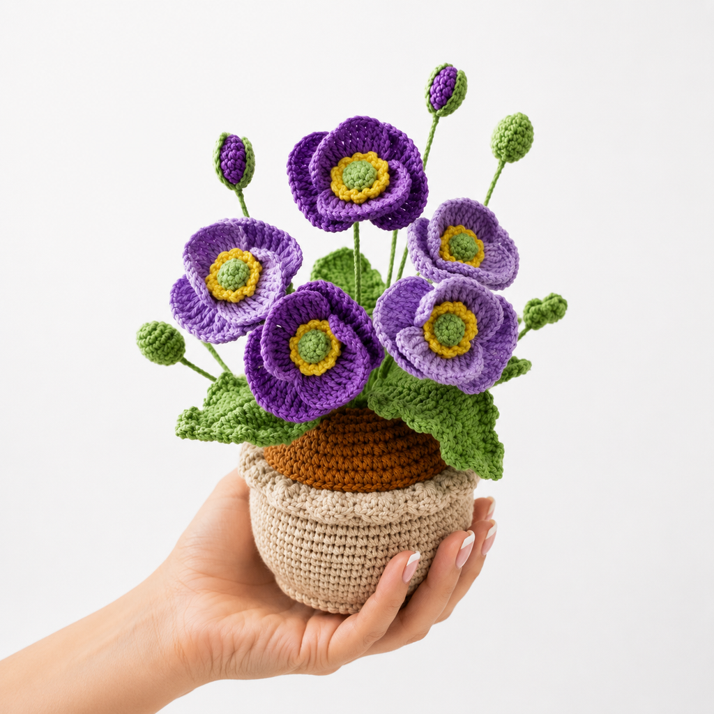 Handheld crocheted purple poppies in beige yarn pot with green leaves