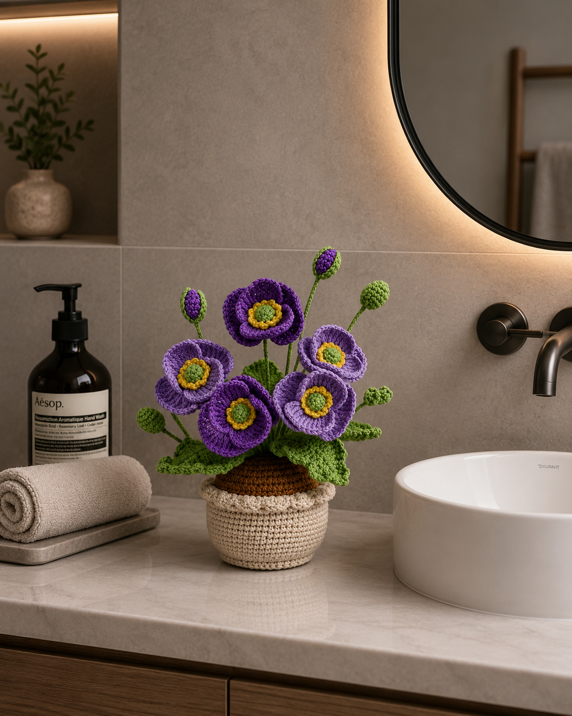 Crocheted purple poppies in beige yarn pot with green leaves, on tabletop